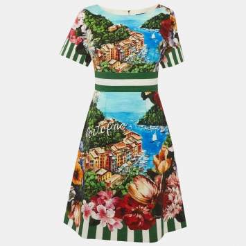 Pre Owned Dolce & Gabbana Exclusive Multicolour Portofino-Print Crepe Mini Dress M