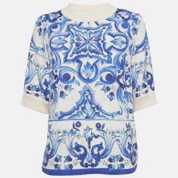 مملوكة مسبقًا Dolce & Gabbana White Majolica Printed Jacquard Top S