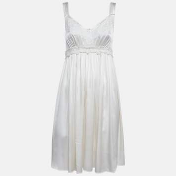 Pre Owned Dolce & Gabbana Cream Silk Lace Trimmed Mini Dress M