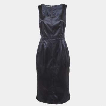 Pre Owned Dolce & Gabbana Navy Blue Satin Sheath Midi Dress M