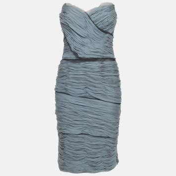 Pre Owned Dolce & Gabbana Ice Blue Silk Ruched Strapless Dress M