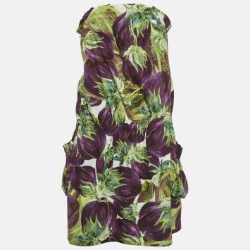 Pre Owned Dolce & Gabbana Green Floral Print Strapless Mini Dress M