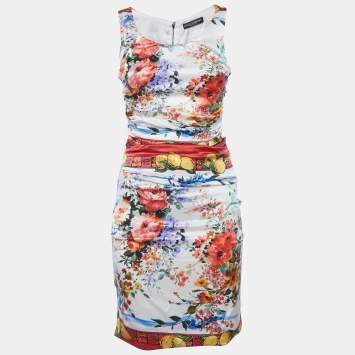 Pre Owned Dolce & Gabbana Multicolour Floral Print Satin Ruched Mini Dress M