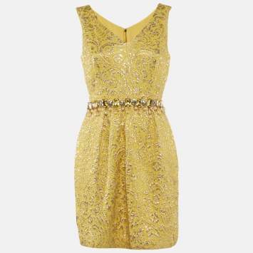 مملوكة مسبقًا Dolce & Gabbana Yellow Brocade Crystal Embellished Mini Dress M