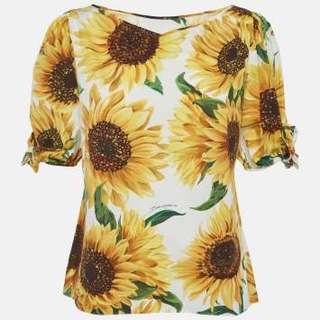 Pre Owned Dolce & Gabbana White/Yellow Sunflower Print Cotton Top M
