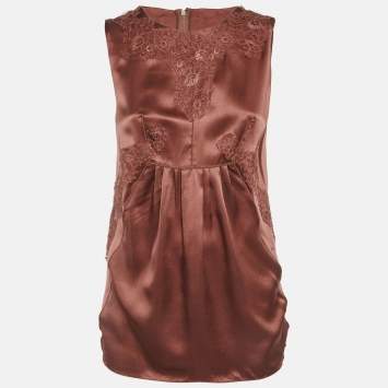 Pre Owned Dolce & Gabbana Brown Satin Lace Detail Top M