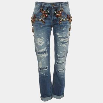 مملوكة مسبقًا بنطلون جينز دولتشي آند غابانا دينم ممزق أزرق بتفاصيل كريستال مقاس صغير - خصر 28 إنش