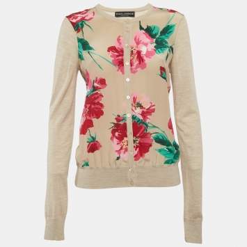 مملوكة مسبقًا Dolce & Gabbana Beige Floral Print Silk and Knit Cardigan M