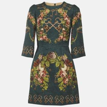 Pre Owned Dolce & Gabbana Bottle Green Floral Print Jacquard Short Dress S
