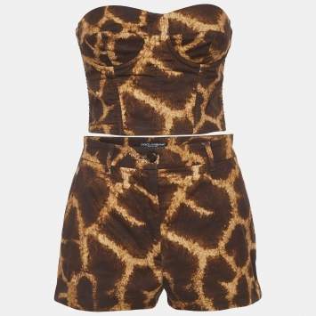 مملوكة مسبقًا Dolce & Gabbana Brown Giraffe Print Twill Bustier and Shorts Suit S
