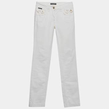 Pre Owned بنطلون جينز مستقيم أبيض دنيم دولتشي أند غابانا مقاس صغير قياس الخصر ٢٧ بوصة