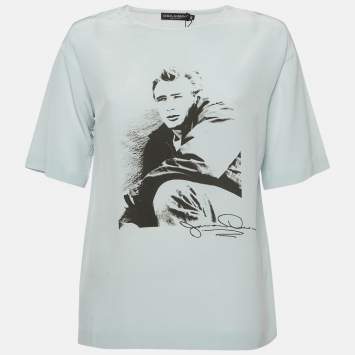 Pre Owned قميص حرير مطبوع أبيض دولتشي أند غابانا x جيمس دين مقاس صغير (سمول)