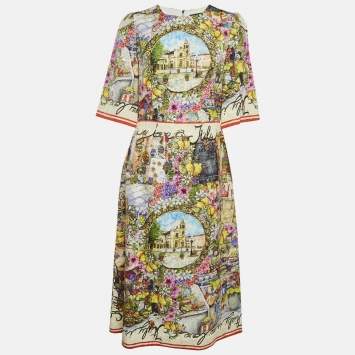 Pre Owned Dolce & Gabbana Multicolour Landscape Print Jacquard Midi Dress L
