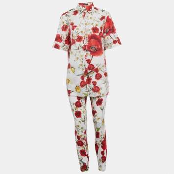 Pre Owned Dolce & Gabbana White Floral Print Cotton and Stretch Crepe Shirt and Pants Suit M/L