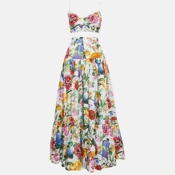 Pre Owned Dolce & Gabbana White Floral Print Cotton Top and Midi Skirt Suit M