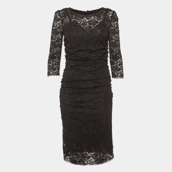 مملوكة مسبقًا Dolce & Gabbana Black Lace and Satin Ruched Mini Dress M