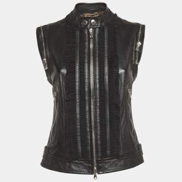 مملوكة مسبقًا Dolce & Gabbana Black Leather and Silk Ruffled Sleeveless Jacket M