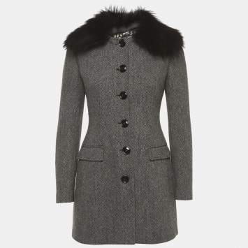 مملوكة مسبقًا Dolce & Gabbana Grey Herringbone Wool Fur Collar Coat S