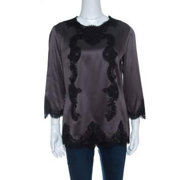 Pre Owned Dolce & Gabbana Grey Satin Scallop Lace Insert Long Sleeve Top L