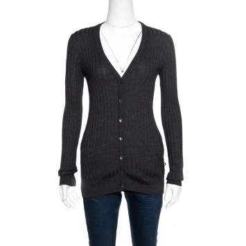 Pre Owned Dolce & Gabbana Dark Grey Rib Knit Button Front Cardigan S