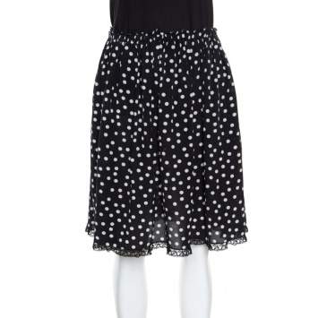 Pre Owned Dolce & Gabbana Monochrome Polka Dotted Lace Trim Silk Skirt M