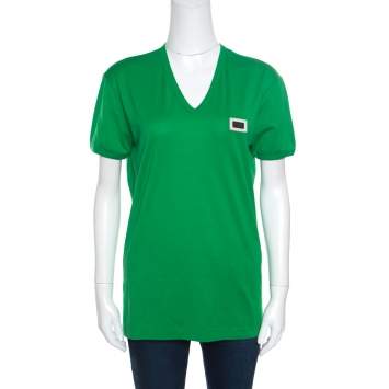 Pre Owned Dolce & Gabbana Parrot Green Cotton Logo Plaque Detail T-Shirt L