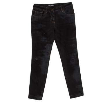 Pre Owned Dolce & Gabbana Black and Grey Washed Effect Distressed Stretch Jeans S