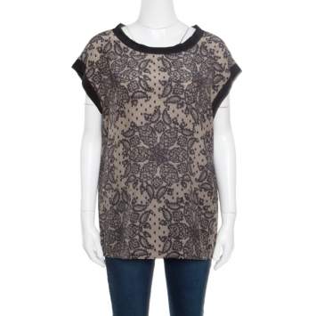 Pre Owned Dolce & Gabbana Beige and Black Lace Printed Silk Raw Edged Top M