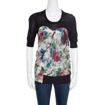 Pre Owned Dolce & Gabbana Black Floral Printed Drape Detail Short Sleeve top M
