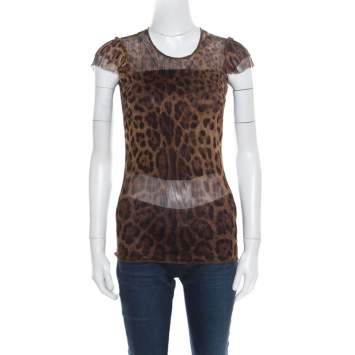 Pre Owned Dolce & Gabbana Brown Animal Printed Ruffled Sleeve Mesh Top S