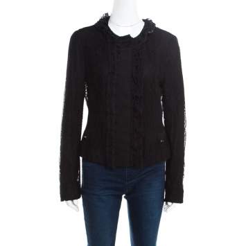 Pre Owned Dolce & Gabbana Black Striped Lace Ruffle Trim Button Front Jacket M