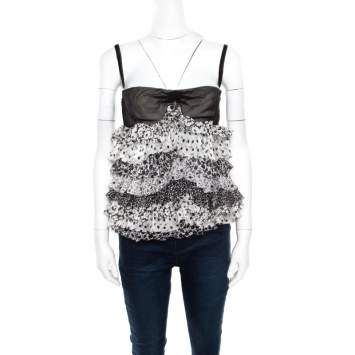 Pre Owned D&G Monochrome Floral Printed Silk Ruffle Layered Sleeveless Bustier Top M