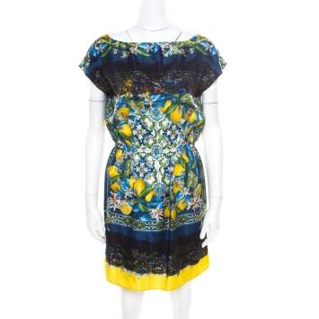 Pre Owned Dolce and Gabbana Lemon Mosaic Printed Silk Lace Trim Tunic Dress M