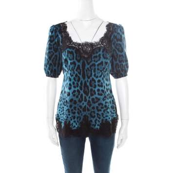 Pre Owned Dolce & Gabbana Blue Leopard Printed Silk Scalloped Lace Detail Blouse S