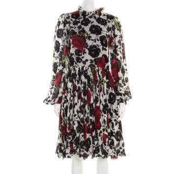 Pre Owned Dolce & Gabbana Multicolor Rose Printed Silk Long Sleeve Dress M