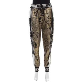 Pre Owned Dolce & Gabbana Gold Floral Brocade Knit Trim Jogger Pants S