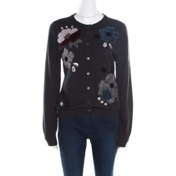 Pre Owned Dolce & Gabbana Grey Embellished Floral Applique Detail Cashmere Cardigan M