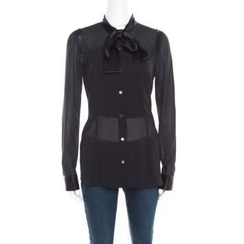 Pre Owned Dolce & Gabbana Black Satin Trim Neck Tie Detail Long Sleeve Blouse S