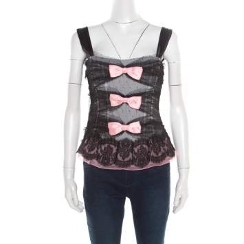 Pre Owned Dolce & Gabbana Black Dotted Tulle and Lace Bow Detail Corset Top M