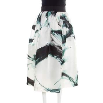 Pre Owned Dolce & Gabbana White Brushstroke Printed Organza Midi Skirt M