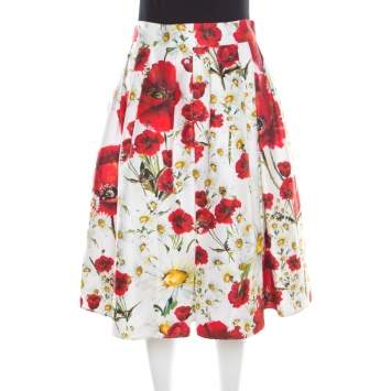 Pre Owned Dolce & Gabbana White and Red Floral Printed Cotton and Silk Pleated Skirt M