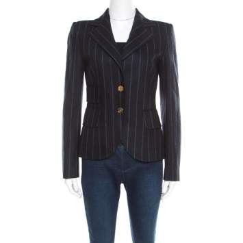 Pre Owned Dolce & Gabbana Navy Blue and Grey Striped Wool Tailored Blazer S