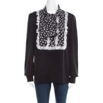 Pre Owned Dolce & Gabbana Monochrome Small Flower Print Silk Ruffled Bib Blouse M