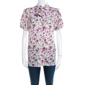 Pre Owned Dolce & Gabbana White Floral Printed Neck Tie Detail Blouse S