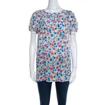 Pre Owned Dolce & Gabbana White Floral Printed Gathered Puff Sleeve Blouse S