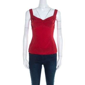 Pre Owned Dolce & Gabbana Red Polka Dotted Silk Sleeveless Top S