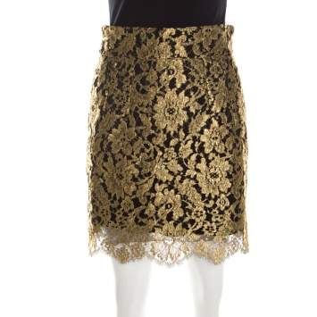 Pre Owned Dolce & Gabbana Metallic Gold Lace Overlay Scalloped Mini Skirt S