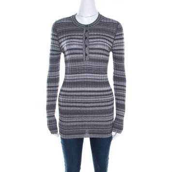 Pre Owned Dolce & Gabbana Grey Ribbed Knit Stripe Long Sleeve Sweater Top M