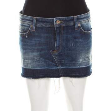 Pre Owned Dolce & Gabbana Indigo Washed Denim Distressed Frayed Edge Mini skirt S