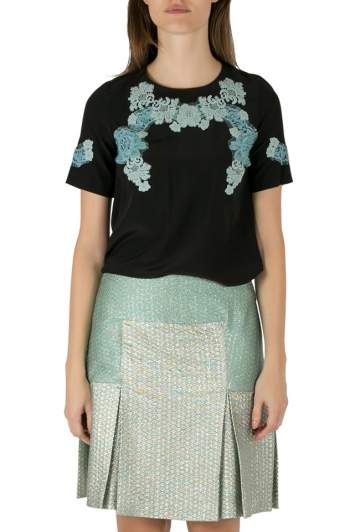 Pre Owned Dolce & Gabbana Black Silk Lace Applique Detail Short Sleeve Blouse S